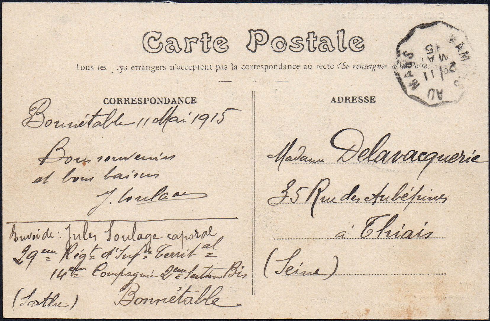 Courrier-Convoyeur Mamers au Mans Type II 1915 Franchise Militaire